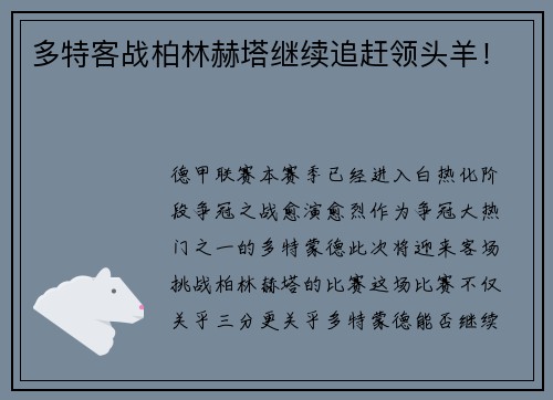多特客战柏林赫塔继续追赶领头羊！
